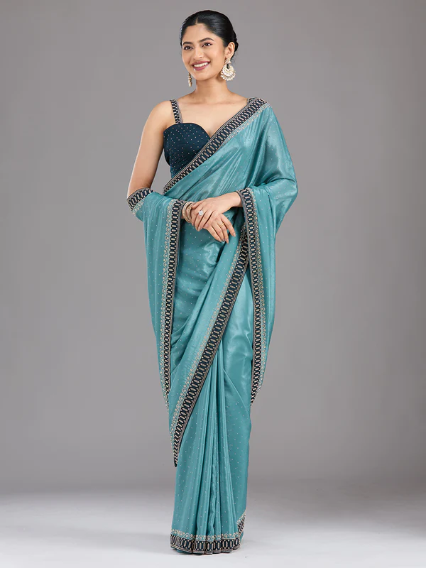 Sea Green Stonework (Gold) Satin Saree